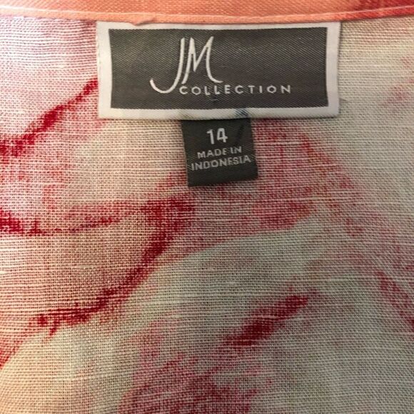 JM Collection Pink White Apple Sumi Ink Brush button down blouse silver sleek bu - Picture 7 of 10